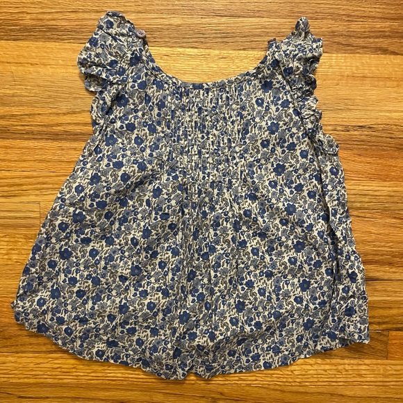 Benetton Kids Blue and White Floral Print Blouse with Ruffle Sleeves, Size S - Picture 1 of 6